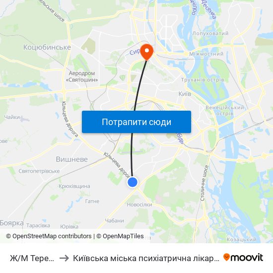 Ж/М Теремки-1 to Київська міська психіатрична лікарня ім. Павлова map