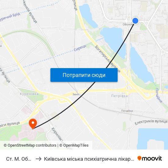 Ст. М. Оболонь to Київська міська психіатрична лікарня ім. Павлова map