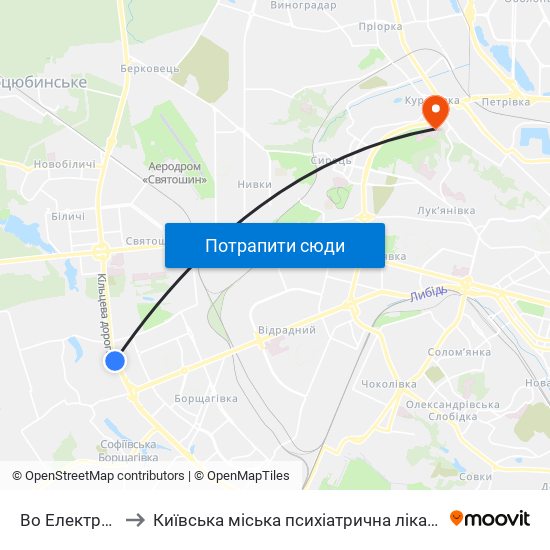 Во Електронмаш to Київська міська психіатрична лікарня ім. Павлова map