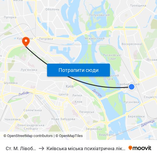 Ст. М. Лівобережна to Київська міська психіатрична лікарня ім. Павлова map