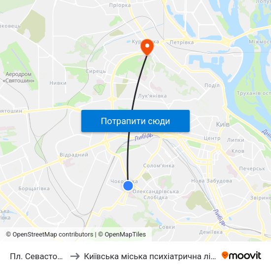 Пл. Севастопольська to Київська міська психіатрична лікарня ім. Павлова map