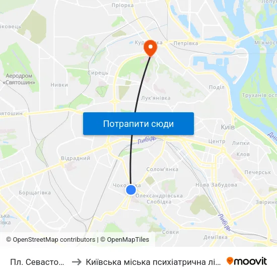 Пл. Севастопольська to Київська міська психіатрична лікарня ім. Павлова map