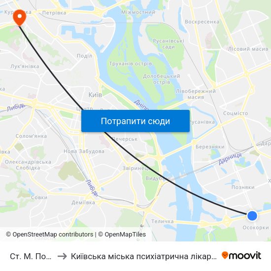 Ст. М. Позняки to Київська міська психіатрична лікарня ім. Павлова map