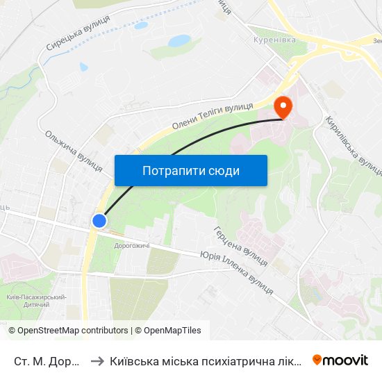 Ст. М. Дорогожичі to Київська міська психіатрична лікарня ім. Павлова map