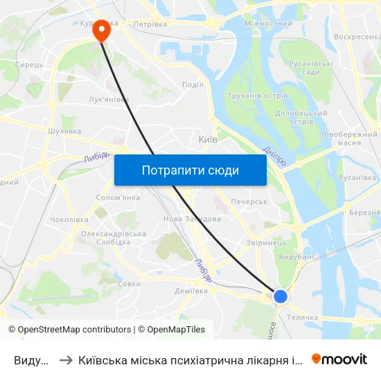 Видубичі to Київська міська психіатрична лікарня ім. Павлова map