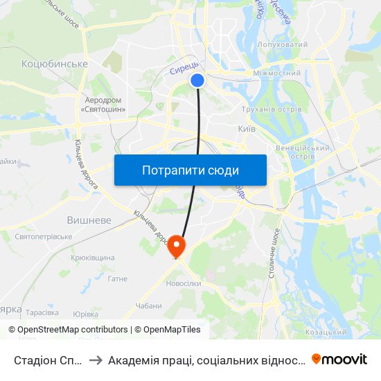 Стадіон Спартак to Академія праці, соціальних відносин і туризму map