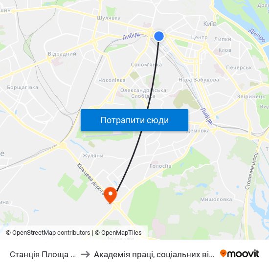 Станція Площа Перемоги to Академія праці, соціальних відносин і туризму map