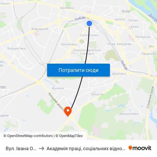 Вул. Івана Огієнка to Академія праці, соціальних відносин і туризму map