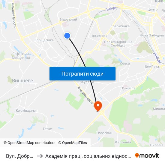 Вул. Добрузька to Академія праці, соціальних відносин і туризму map