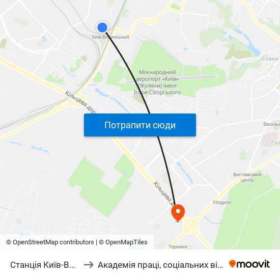Станція Київ-Волинський to Академія праці, соціальних відносин і туризму map