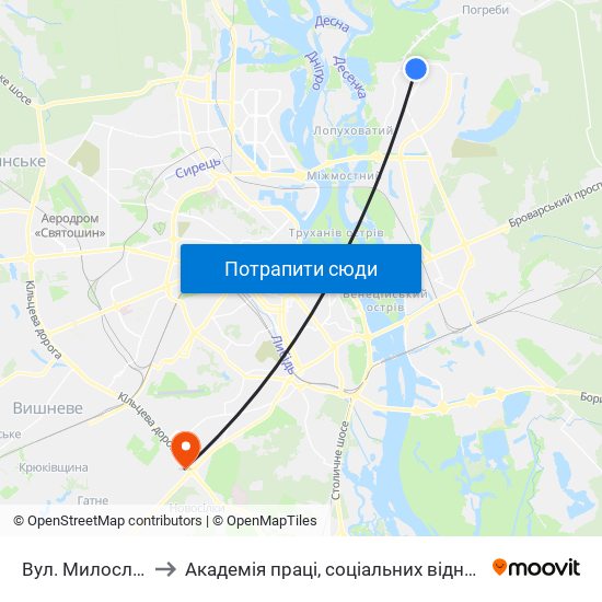 Вул. Милославська to Академія праці, соціальних відносин і туризму map