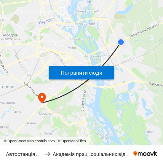 Автостанція Дарниця to Академія праці, соціальних відносин і туризму map