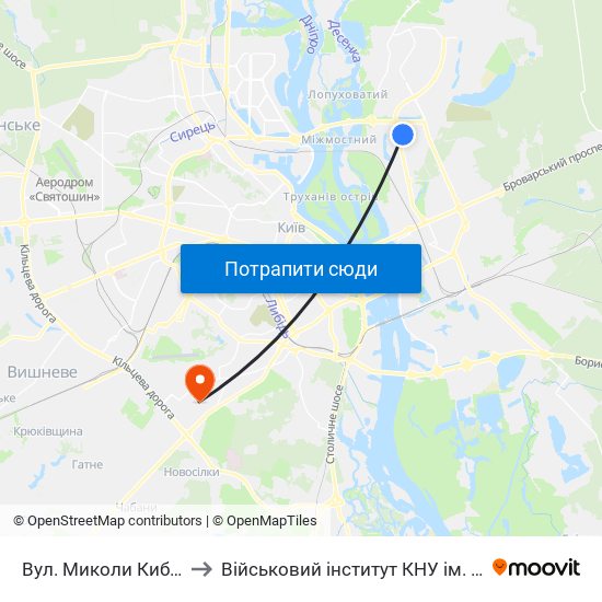 Вул. Миколи Кибальчича to Військовий інститут КНУ ім. Т. Шевченка map