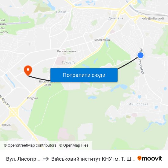 Вул. Лисогірська to Військовий інститут КНУ ім. Т. Шевченка map