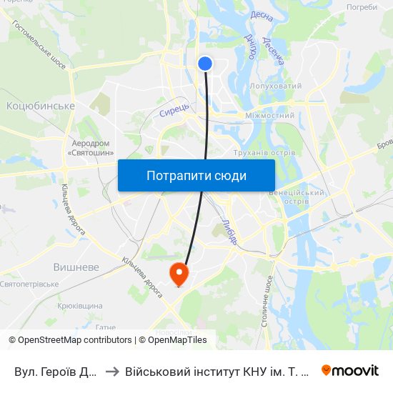 Вул. Героїв Дніпра to Військовий інститут КНУ ім. Т. Шевченка map