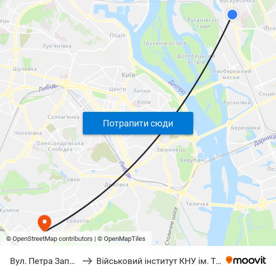 Вул. Петра Запорожця to Військовий інститут КНУ ім. Т. Шевченка map