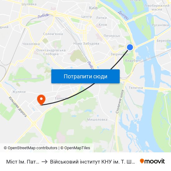 Міст Ім. Патона to Військовий інститут КНУ ім. Т. Шевченка map