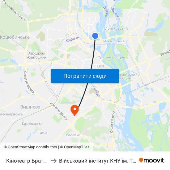 Кінотеатр Братислава to Військовий інститут КНУ ім. Т. Шевченка map