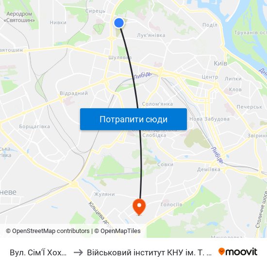 Вул. Сім'Ї Хохлових to Військовий інститут КНУ ім. Т. Шевченка map