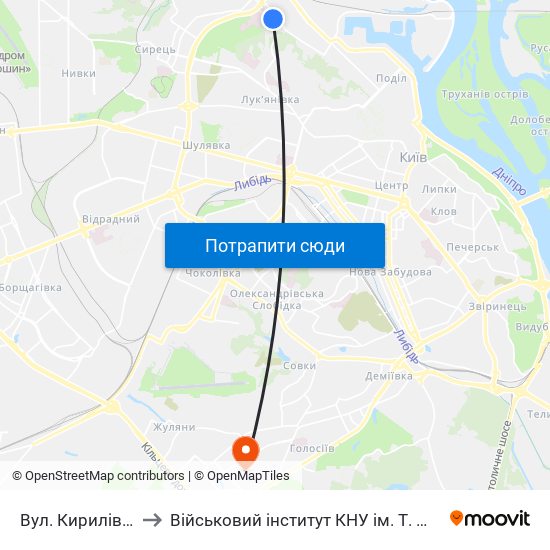 Вул. Кирилівська to Військовий інститут КНУ ім. Т. Шевченка map