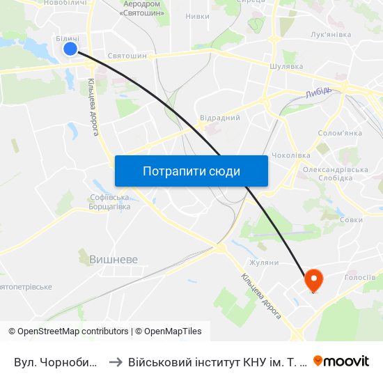 Вул. Чорнобильська to Військовий інститут КНУ ім. Т. Шевченка map