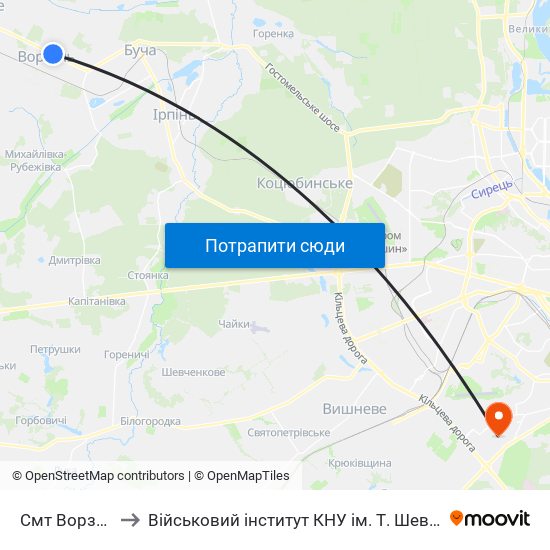 Смт Ворзель to Військовий інститут КНУ ім. Т. Шевченка map