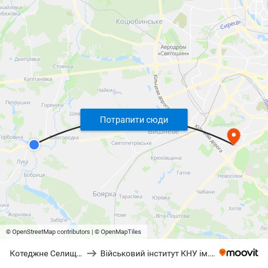 Котеджне Селище Озерне to Військовий інститут КНУ ім. Т. Шевченка map