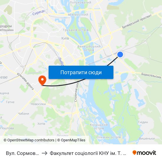 Вул. Сормовська to Факультет соціології КНУ ім. Т. Шевченка map