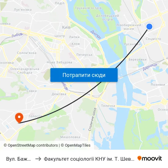 Вул. Бажова to Факультет соціології КНУ ім. Т. Шевченка map
