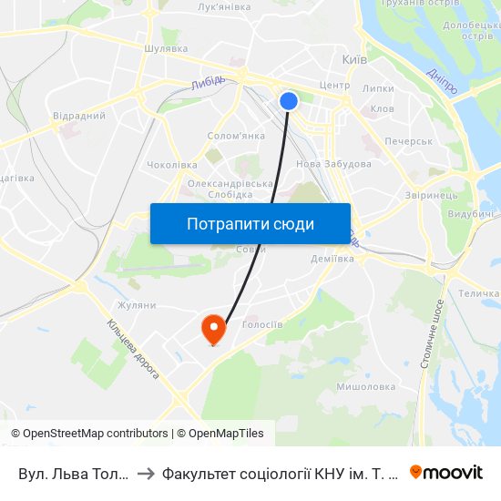 Вул. Льва Толстого to Факультет соціології КНУ ім. Т. Шевченка map