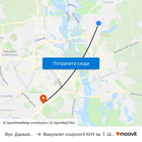 Вул. Данькевича to Факультет соціології КНУ ім. Т. Шевченка map