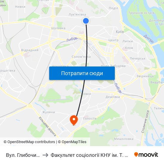 Вул. Глибочицька to Факультет соціології КНУ ім. Т. Шевченка map