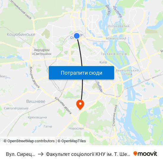 Вул. Сирецька to Факультет соціології КНУ ім. Т. Шевченка map