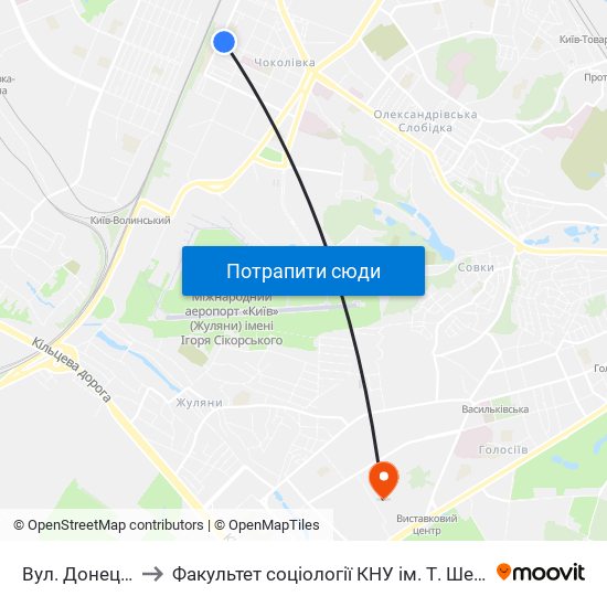 Вул. Донецька to Факультет соціології КНУ ім. Т. Шевченка map