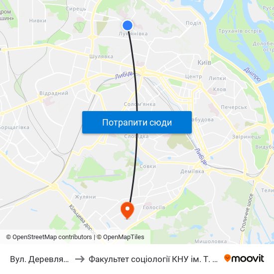 Вул. Деревлянська to Факультет соціології КНУ ім. Т. Шевченка map