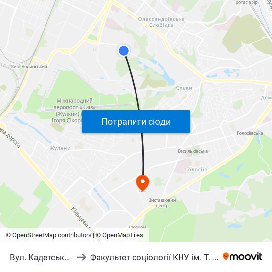 Вул. Кадетський Гай to Факультет соціології КНУ ім. Т. Шевченка map