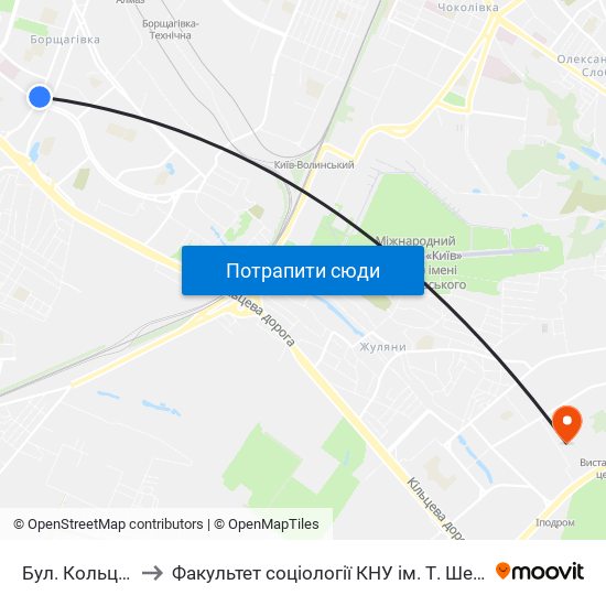 Бул. Кольцова to Факультет соціології КНУ ім. Т. Шевченка map