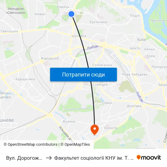 Вул. Дорогожицька to Факультет соціології КНУ ім. Т. Шевченка map