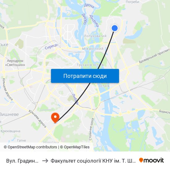 Вул. Градинська to Факультет соціології КНУ ім. Т. Шевченка map