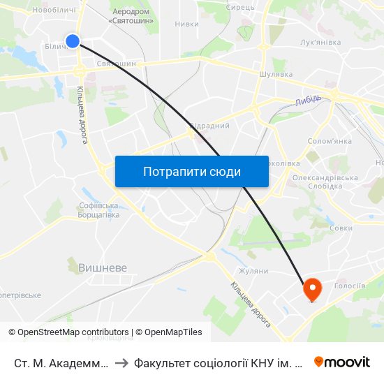 Ст. М. Академмістечко to Факультет соціології КНУ ім. Т. Шевченка map