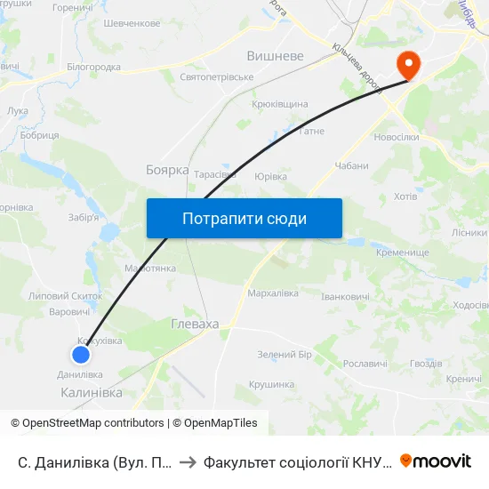 С. Данилівка (Вул. Пролетарська) to Факультет соціології КНУ ім. Т. Шевченка map