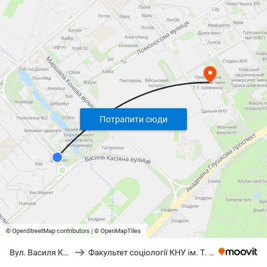 Вул. Василя Касіяна to Факультет соціології КНУ ім. Т. Шевченка map