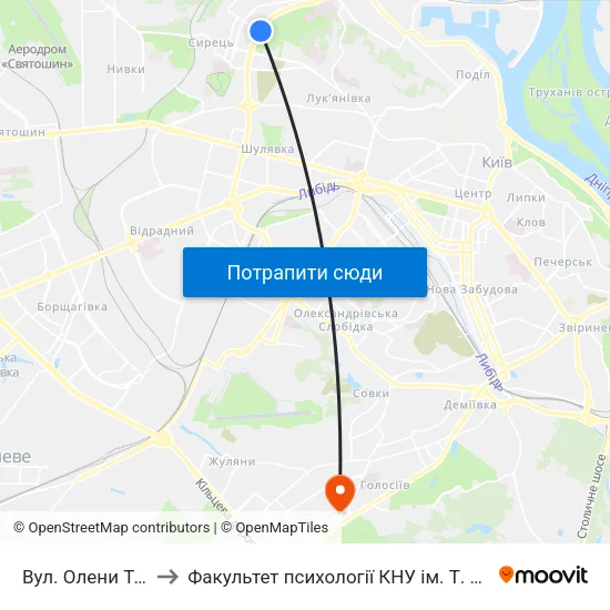 Вул. Олени Теліги to Факультет психології КНУ ім. Т. Шевченка map