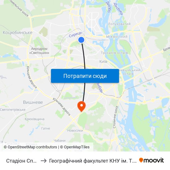 Стадіон Спартак to Географічний факультет КНУ ім. Т. Шевченка map