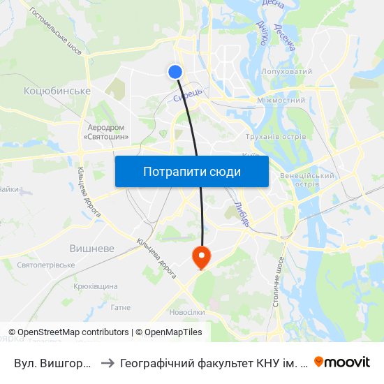 Вул. Вишгородська to Географічний факультет КНУ ім. Т. Шевченка map