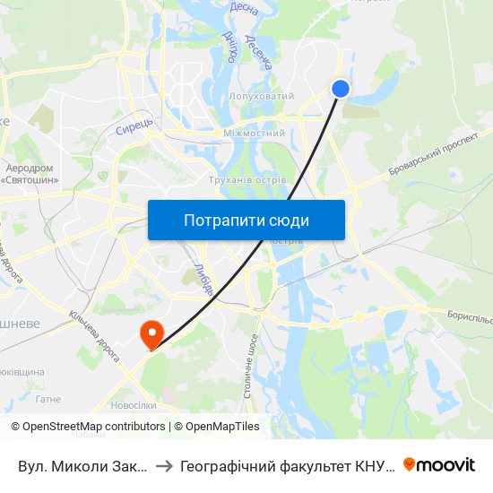 Вул. Миколи Закревського to Географічний факультет КНУ ім. Т. Шевченка map