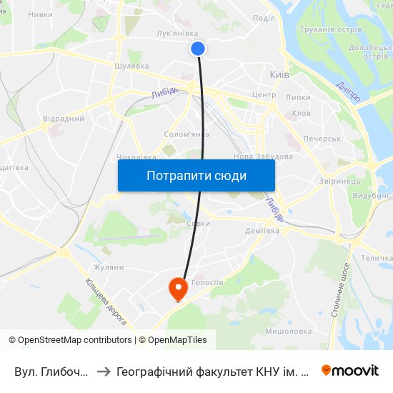 Вул. Глибочицька to Географічний факультет КНУ ім. Т. Шевченка map