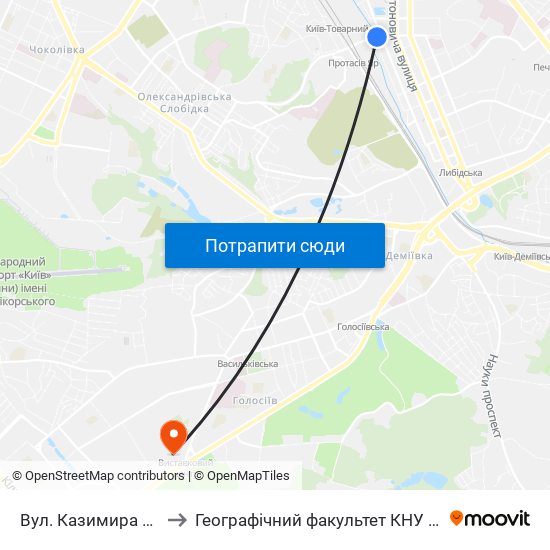 Вул. Казимира Малевича to Географічний факультет КНУ ім. Т. Шевченка map