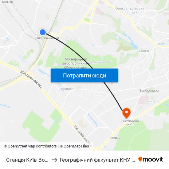 Станція Київ-Волинський to Географічний факультет КНУ ім. Т. Шевченка map