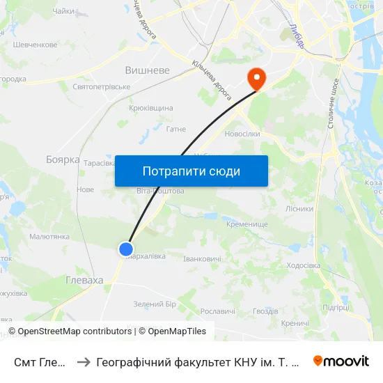 Смт Глеваха to Географічний факультет КНУ ім. Т. Шевченка map